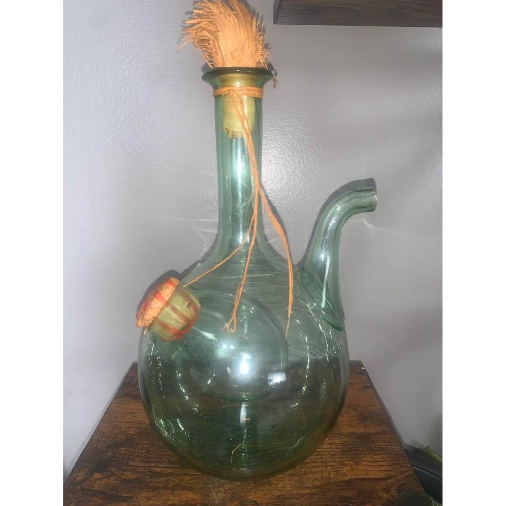 MCM Large Hand Blown Green Glass Italian Wine Decanter with Ice Chamber